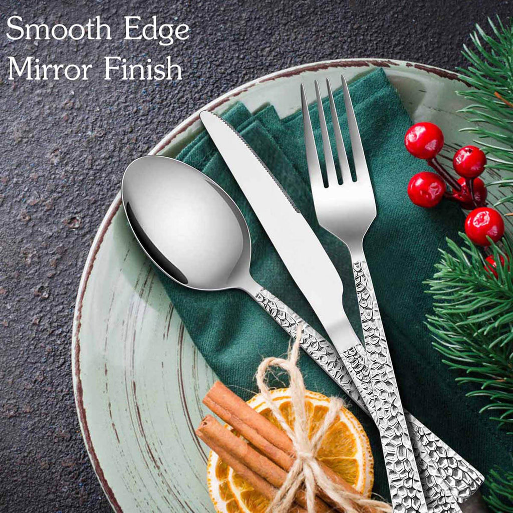 Hammered Silverware Set, Stainless Steel Square Flatware Set Service for 4, Tableware Cutlery Set Includes