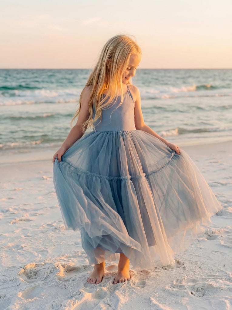 Boho Flower Girl Dress Tulle Spaghetti Strap Backless Layered Ruffle Maxi Dress Beach Wedding Garden Photoshoot