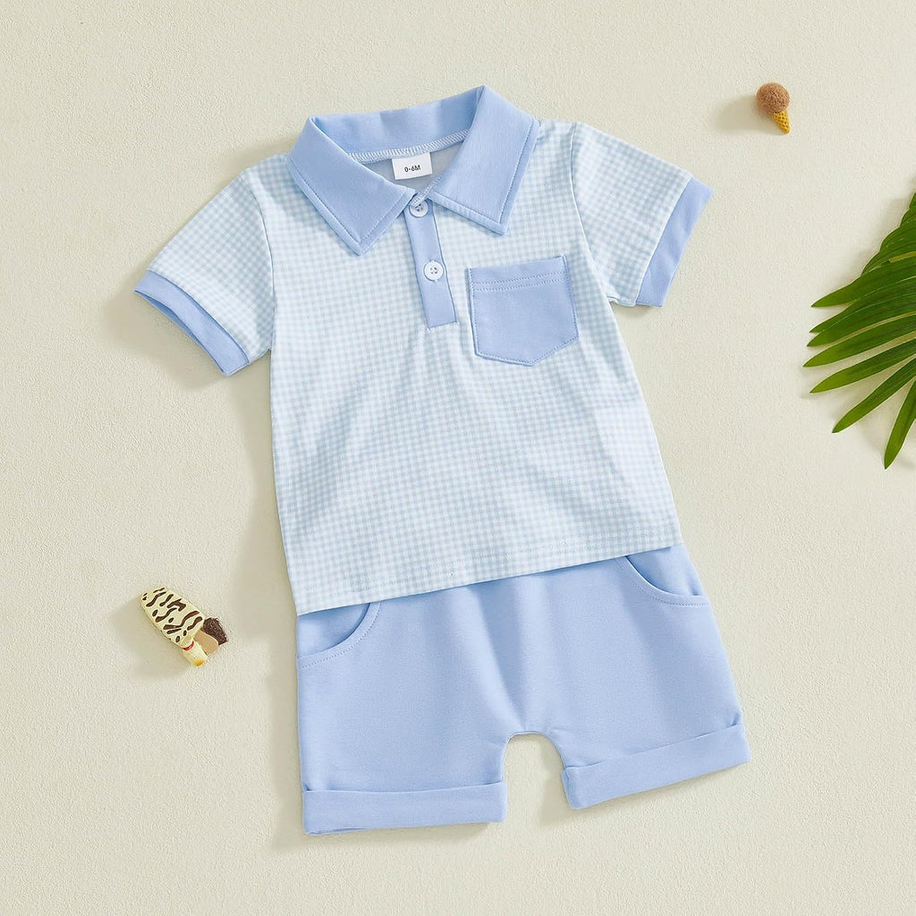 Toddler Baby Boy Summer Clothes Plaid Lapel Short Sleeve T-Shirt Top Shorts Sets Infant Outfit 6 12 18