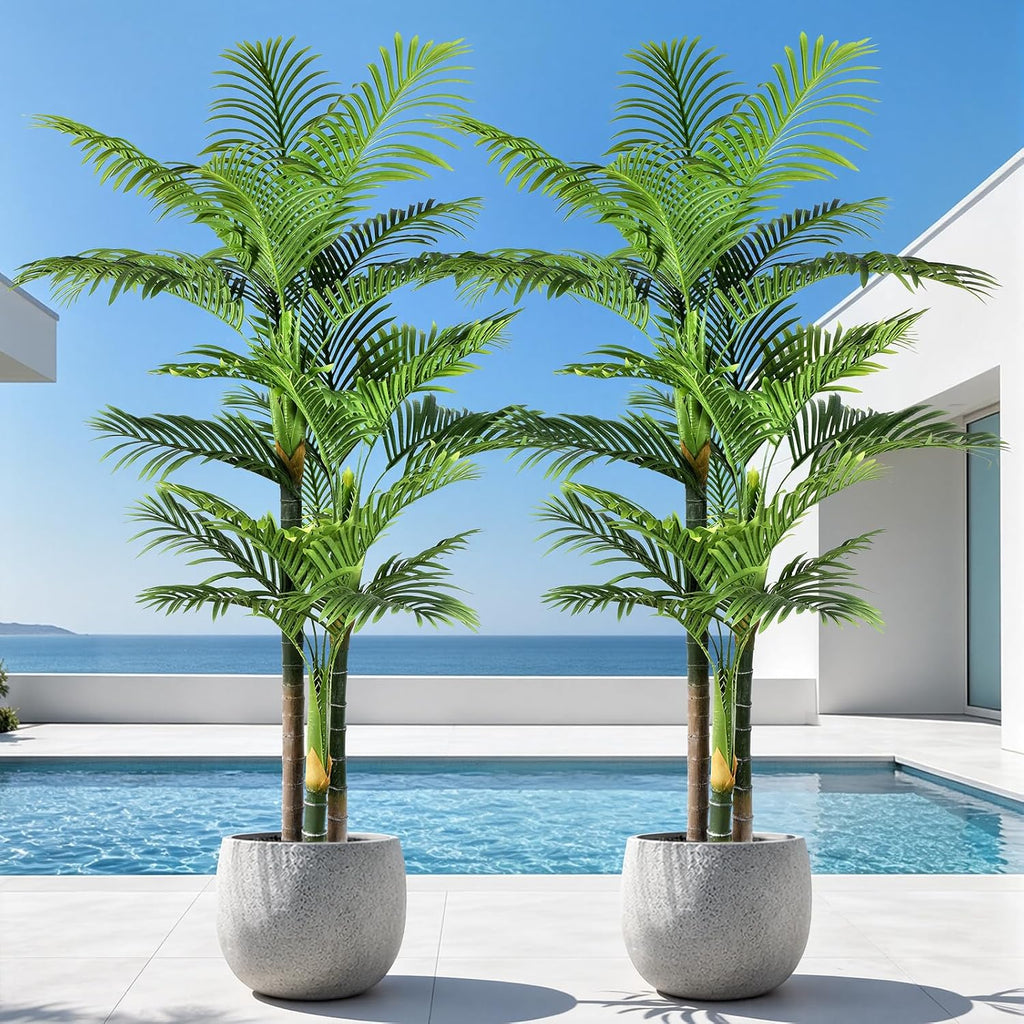 6FT Artificial Palm Tree - Tropical Faux Golden Cane Palm Tree UV Resistant Tall Fake Plant Indoor with Black Pot