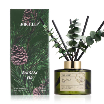 Reed Diffuser Set with 6.76 fl oz Balsam Fir Scent Essential Oils and 3 Leaves & 8 Diffuser Sticks, Bathroom Shelf