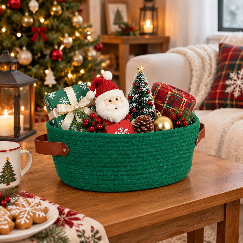 2 Pack Woven Christmas Baskets for Gifts Empty with Handle 12 x 8 x 5 Inch Small Holiday Basket with Bags and Ribbons
