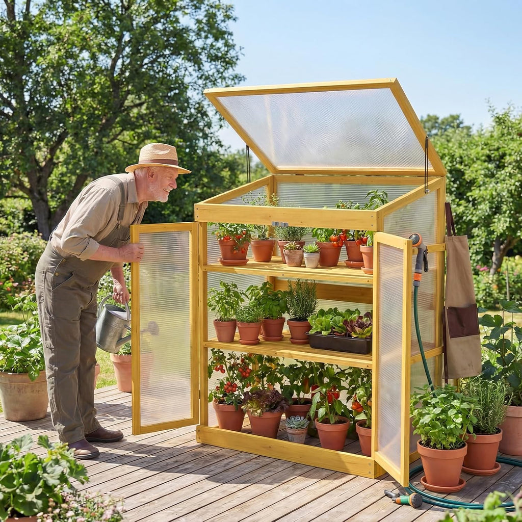Wooden Cold Frame Greenhouse with Transparent Flip-Top Roof, Solid Wood Greenhouse Cabinet, Garden Raised Flower