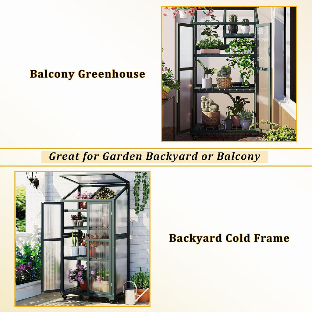 Cold Frame Greenhouse with Wheels, 62 Inch Portable Plant Cabinet | Fir wood, polycarbonate panels, garden or patio