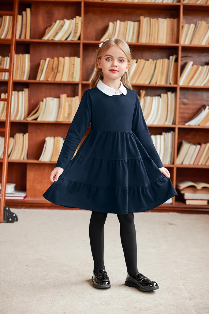 Girl Long Sleeve Dress Tiered Ruffle Swing Tunic Shirt Dress
