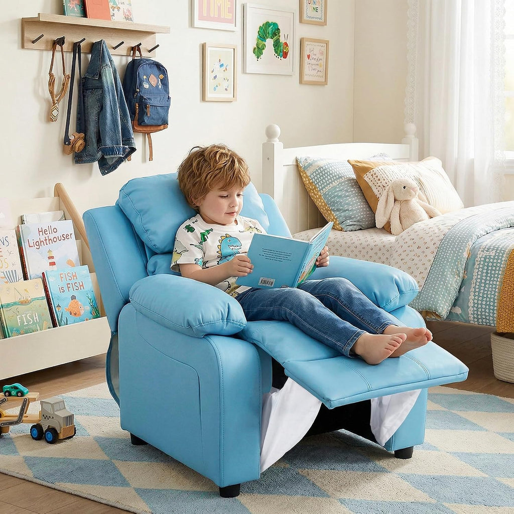 Kids Recliner Chair Storage Arms Reclining Toddler Push Back Sofa Ages 2-8