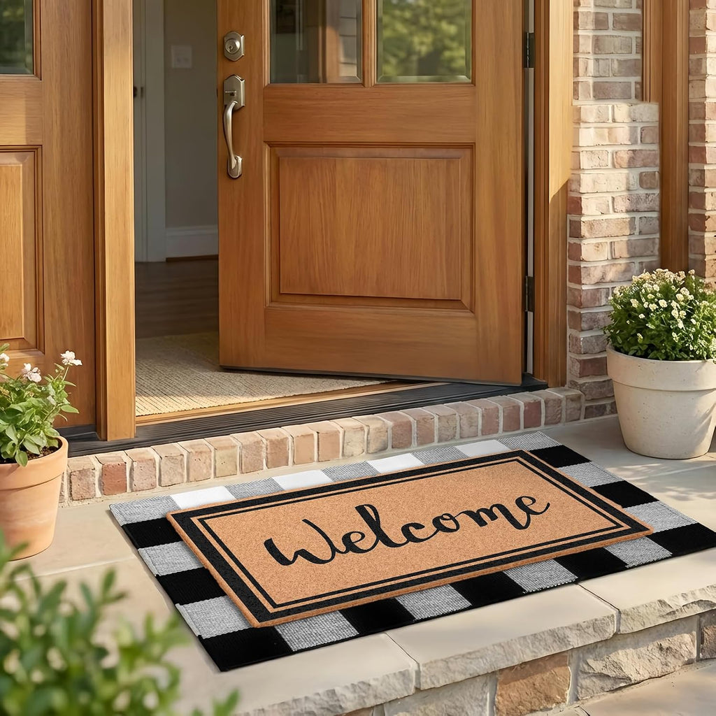 2-Piece Layered Welcome Mat Set - Coir Doormat & Buffalo Plaid Rug | Brown Coir Doormat & Black White Buffalo Plaid