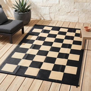 9x12 Checkerboard Outdoor Rug, Reversible Woven Plastic Straw Patio Mat, Checkered RV Camping Carpet with Corner