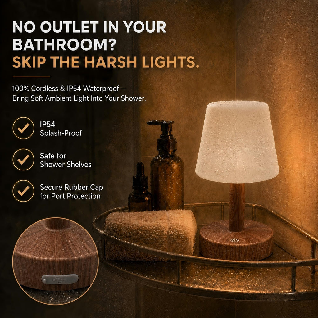 Shower Lamp IP54 Waterproof, Cordless Table Lamp, Dark Wood 2 Pack