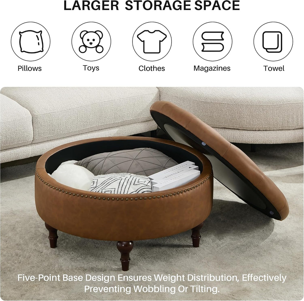 31.5" Large Round Storage Ottoman, Upholstered PU Ottoman Coffee Table | Large Ottoman with Solid Wooden Legs and