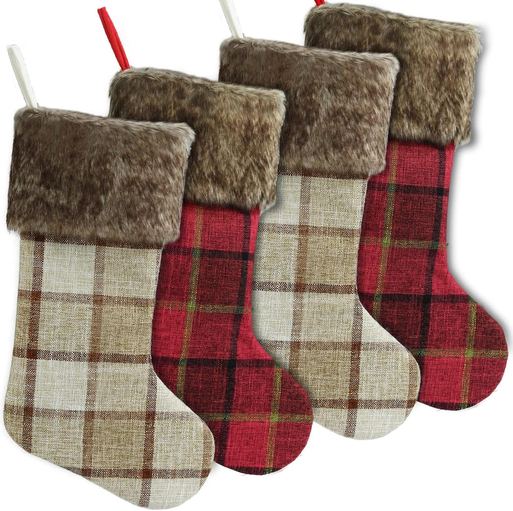 Chirstmas Stockings, 18 Inches 4 Pack Rustic Xmas Stockings with Burlap Buffalo Plaid and Plush Faux Fur, Holiday