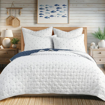 Embroidered Swiss Dot Quilt Set - Quilt and Two Standard Shams - Dot - Navy and White - Quilt (88x92in.)