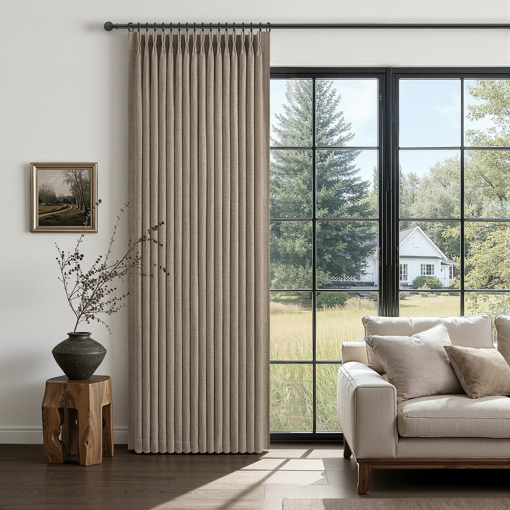 Extra Long 132 Inch Dark Flax Blackout Curtains for High End Living Room Floor Length Windows, Brown Heavy Large Pinch