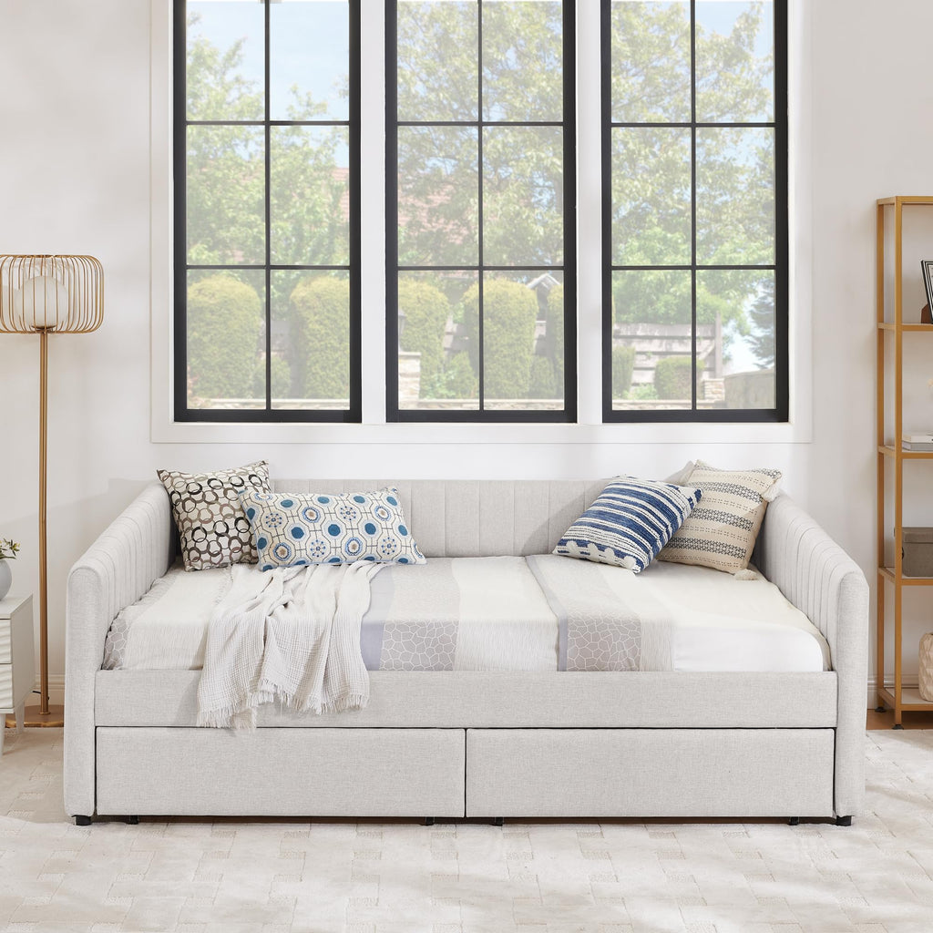 Queen Size Linen Upholstery Daybed with 2 Drawers, Modern Style Tufted Corner Sofa Bed Frame with Solid Wooden Slats