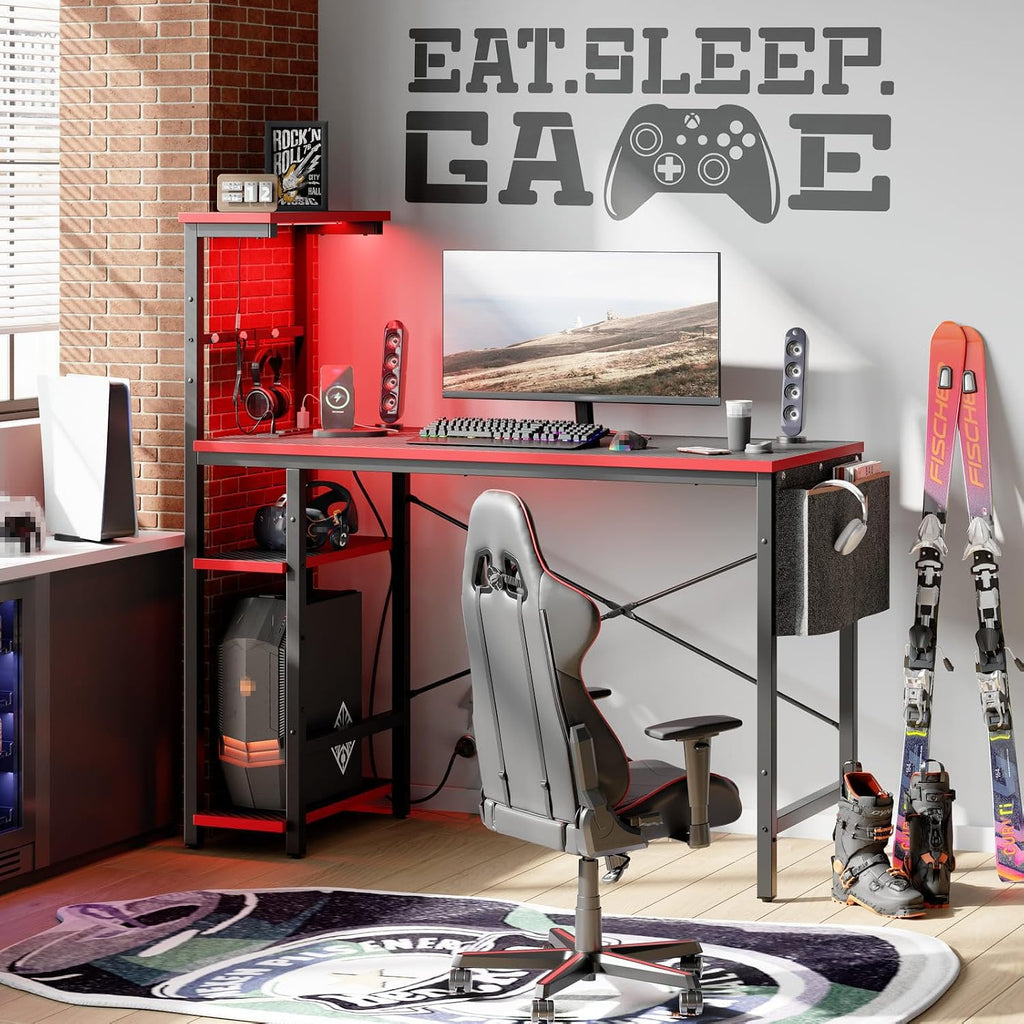 Gaming Desk with Power Outlets, 44 Inch Led Gamer Desk with 4 Tiers Reversible Shelves, PC Gaming Table with Headset