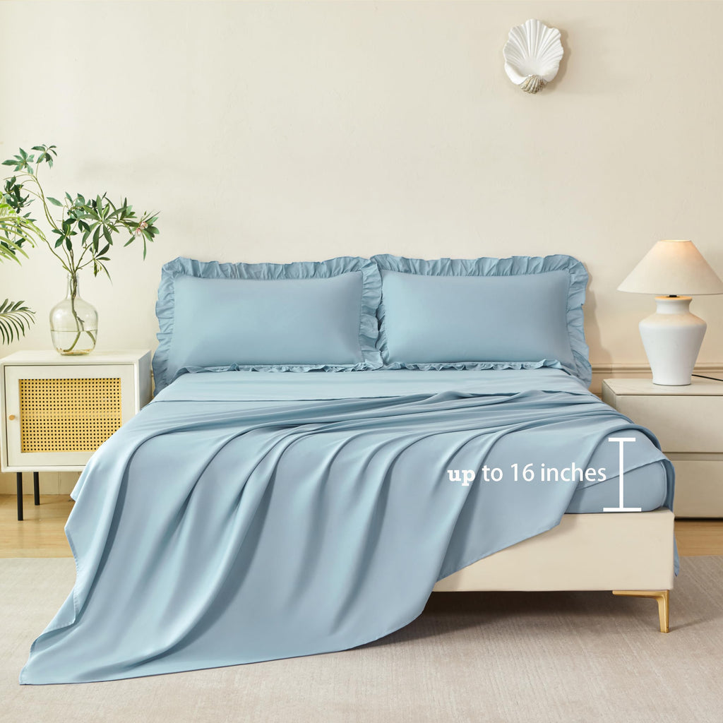 Comforter Set - 5 Pieces Ruffle Dusty Blue Bedding Sets