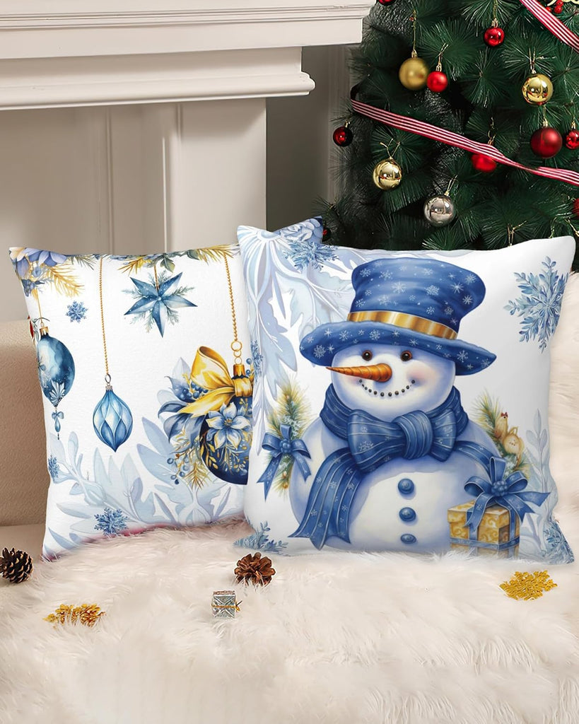 Christmas Pillow Covers,Blue Snowman Pillow Case Christmas Decorative Stuff Winter Decorations Couch Cushion - Set of 4