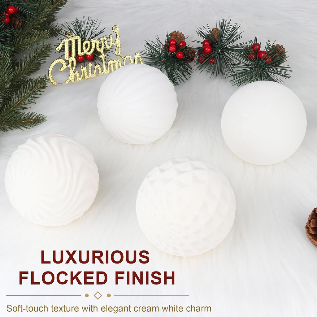 Inch Velvet Christmas Ball Ornaments, Large Tree Decorations, Cream, 4 - Set of 4