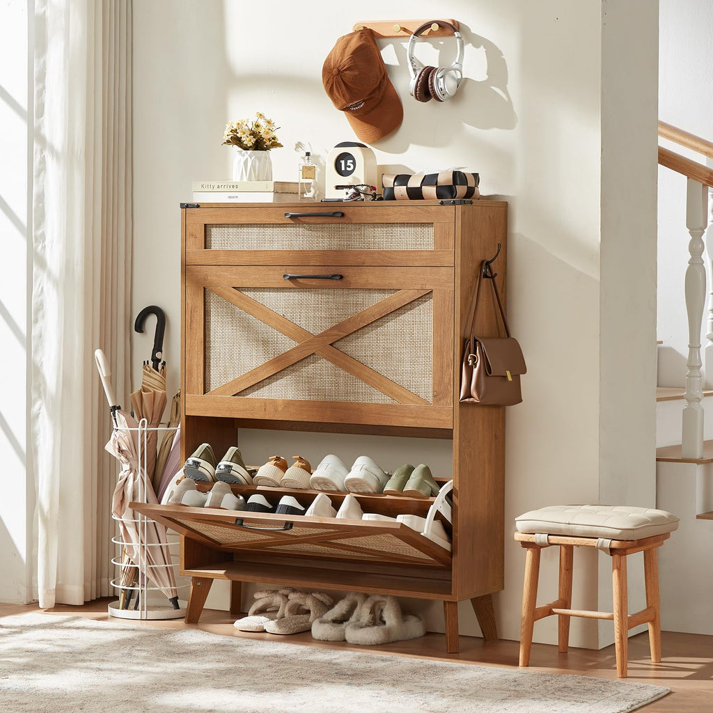 Rattan Shoe Cabinet Storage With 2 Flip Drawers