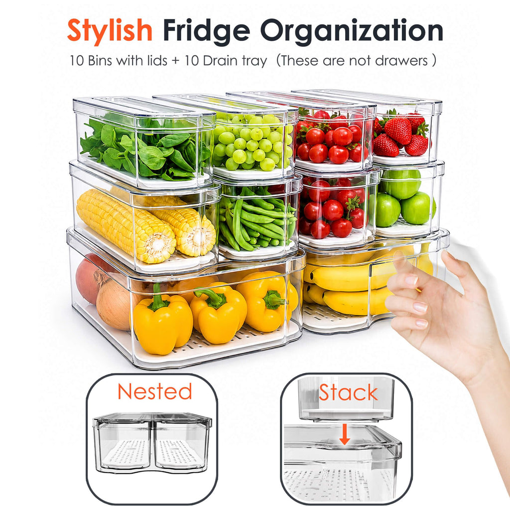 10 Pack Clear Fridge Organizer Bins with Drain Trays - Stackable