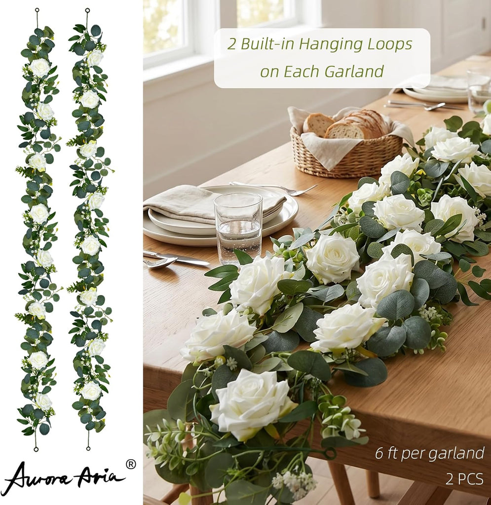 Artificial Flower Garland, White Rose Eucalyptus Vine, 2 Pack 12 ft Total, 6 ft Each, for Wedding Arch, Bridal Shower - Set of 2