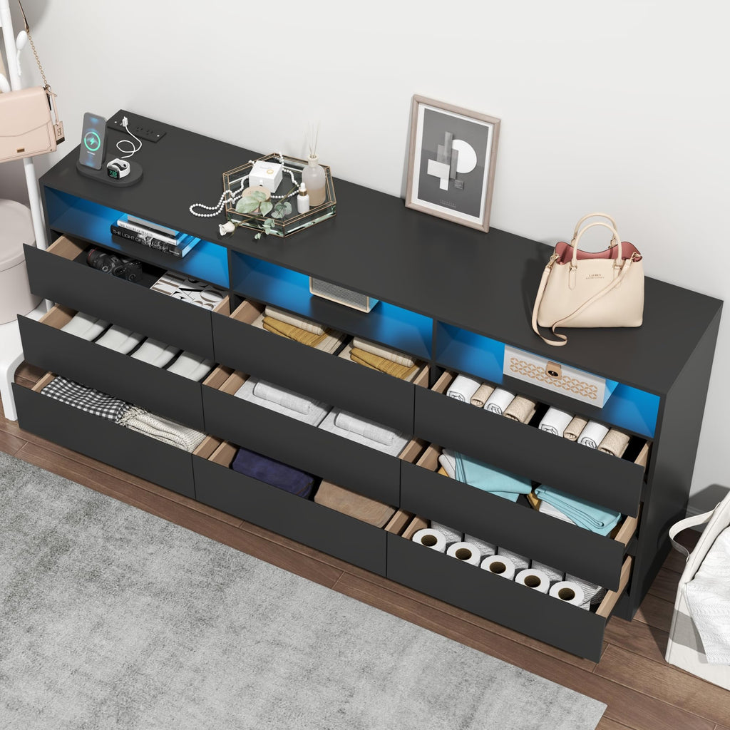 63" Black 9-Drawer Dresser w/Power Outlet, LED Light