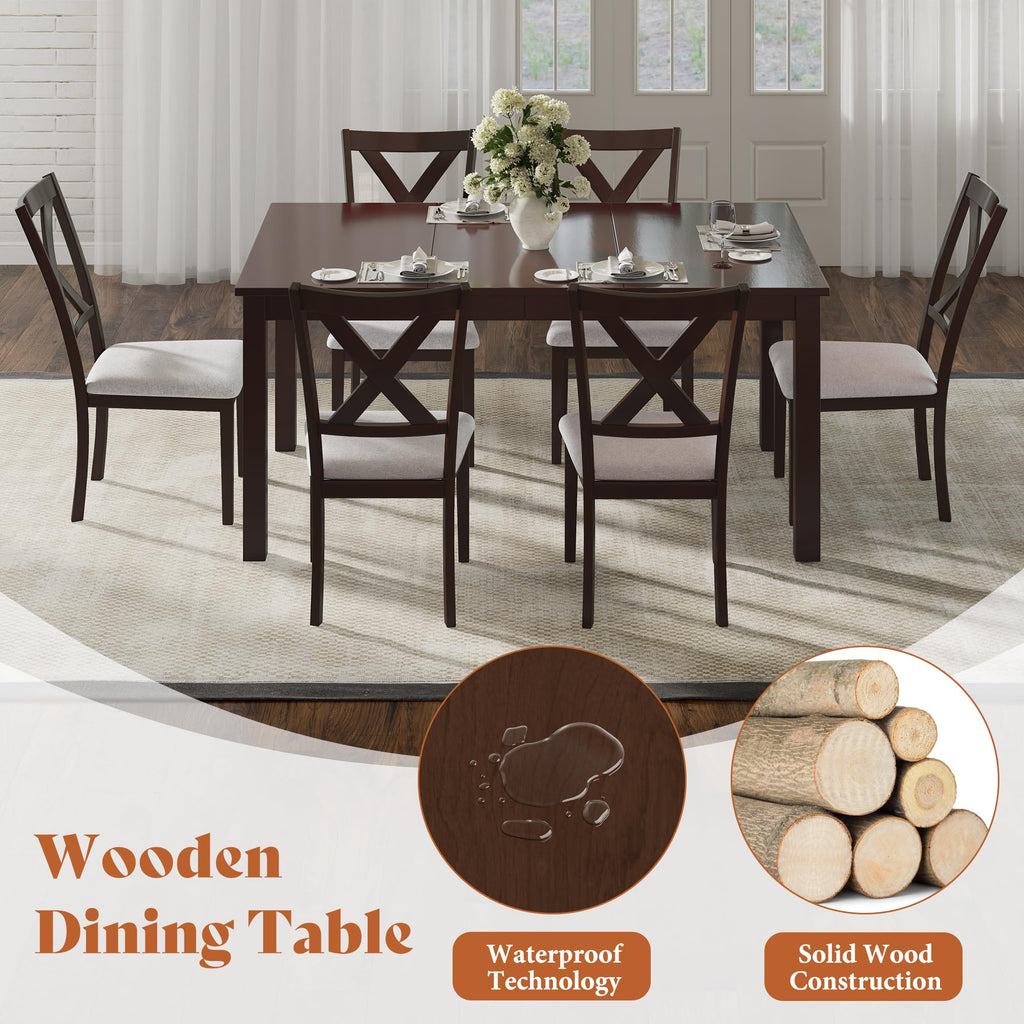 7-Piece Farmhouse Dining Table Set for 6, 60'' Table and 6 Chairs