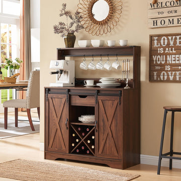 Farmhouse Coffee Bar Cabinet with Charging Station and USB, Brown
