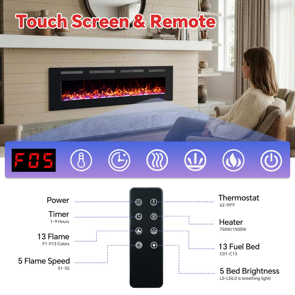 72" Electric Fireplace Insert, Ultra Thin Linear Fireplace Heater, Wall Mounted Recessed, Adjustable Flames&