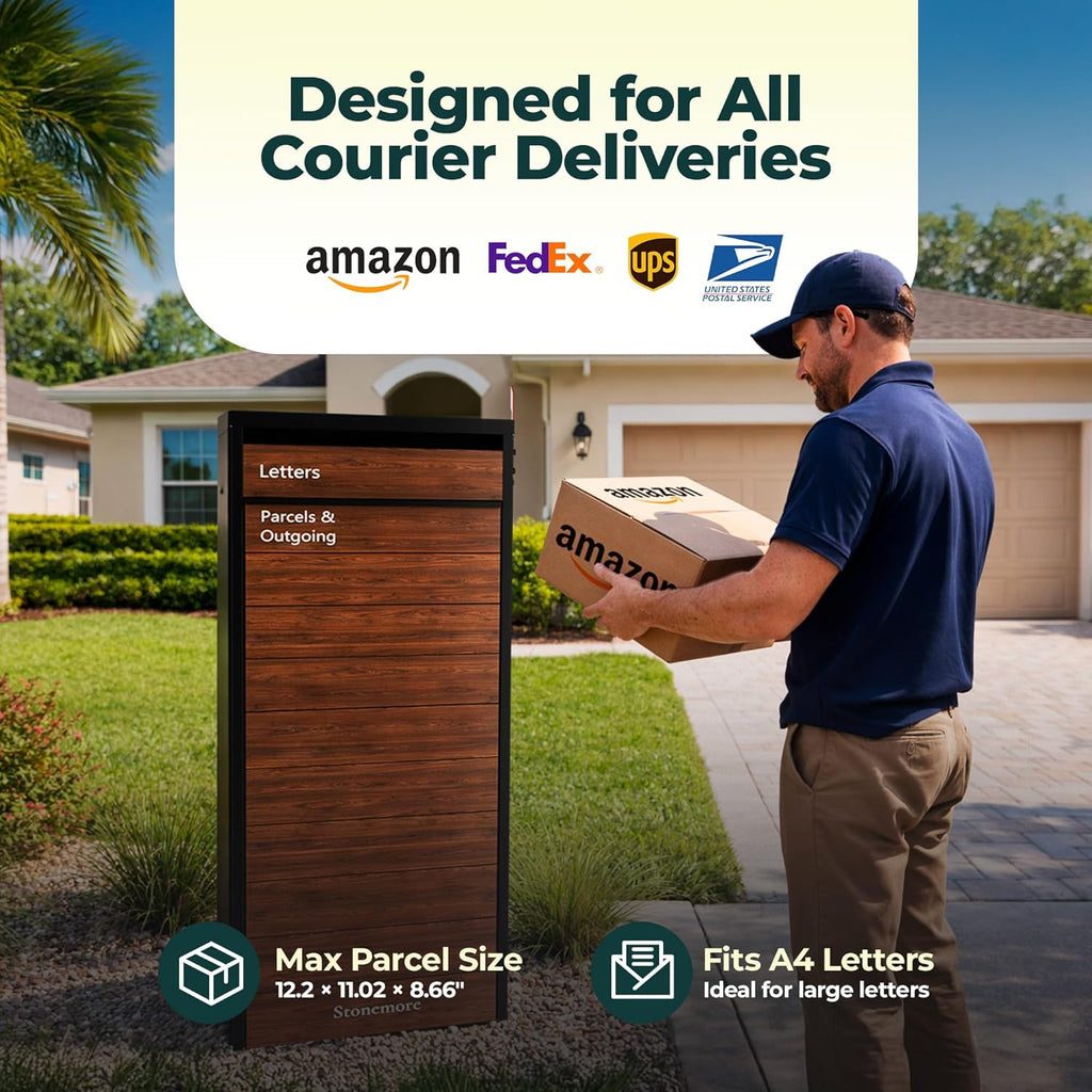 Cali USPS Compatible Mailbox, Classic Black/Oak Package Mailbox, Anti-Theft Locking Parcel Drop Box Or Curbside
