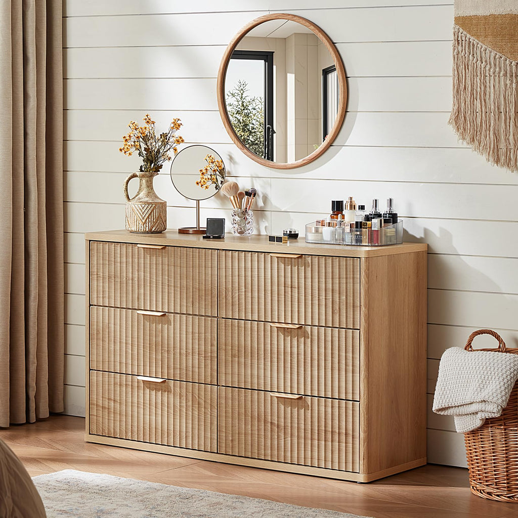 Fluted 6 Drawers Dresser Set of 2, 48" Wide Modern Chest of Drawers with Metal Handle, Natural Curved Profile