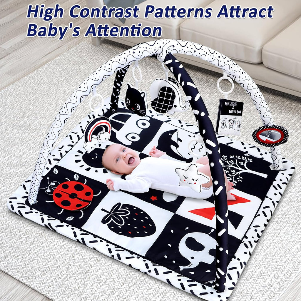 Black and White Baby Gym Play Mat with 6 Toys Tummy Time Activity Mat for Babies 0-6 6-12 Months High Contrast Baby