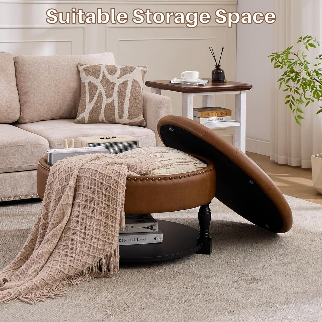 31.5 Inch Round Storage Ottoman Coffee Table with Shelf, PU Brown | Round faux leather storage ottoman coffee table