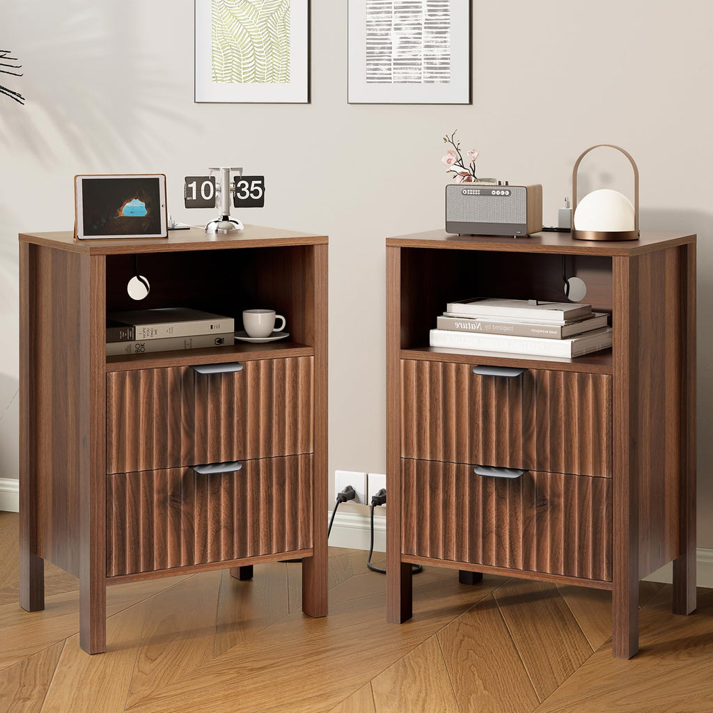 Night Stand Set 2, Fluted End Table Set of 2, Modern Nightstand with Charging Station, Wood Bedside Table with