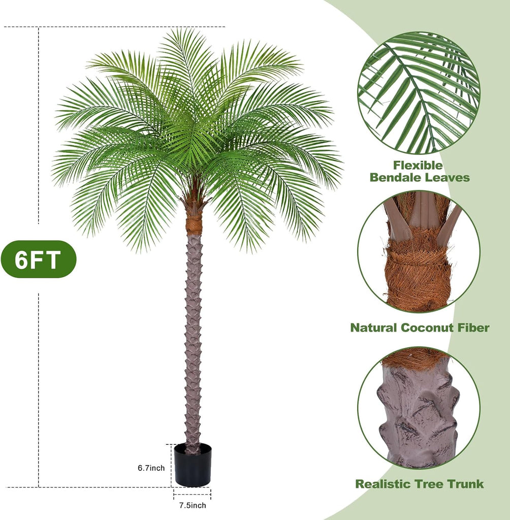 6ft Tall Artificial Phoenix Palm Tree with 18 Leaves, Large Fake Tropical Silk Tree Outside, Fake Tree Perfect