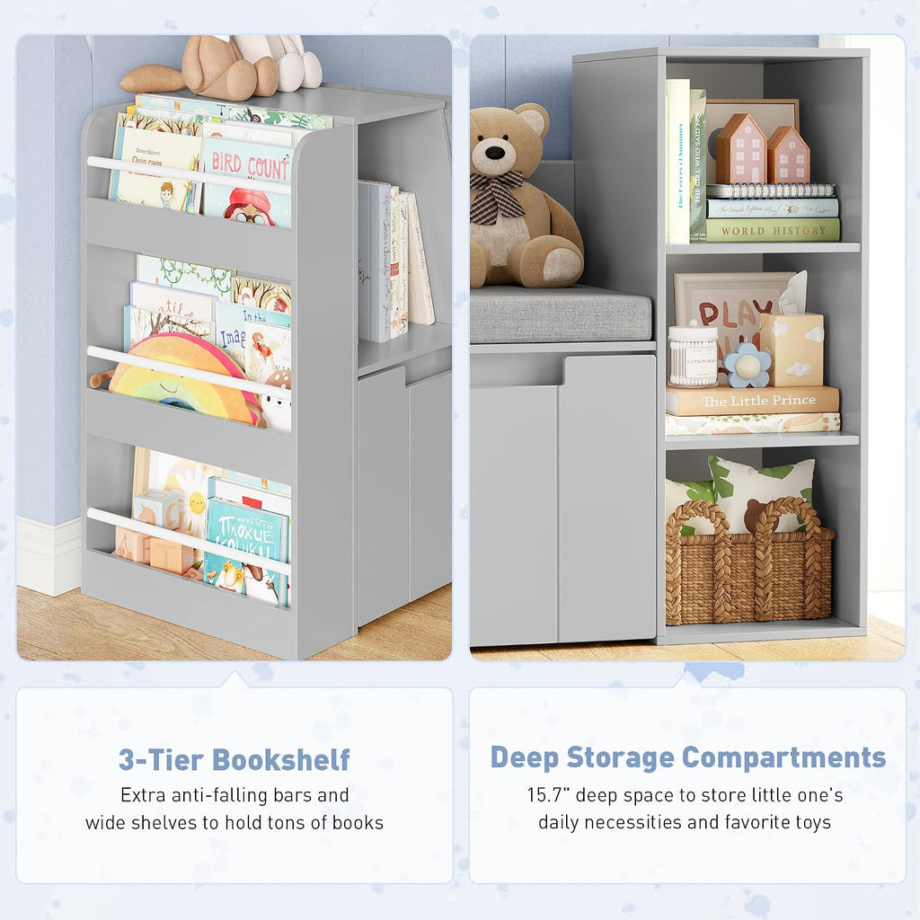 61.5" Kids Reading Nook with 3-Layer Bookshelf, Reading Nook for Kids with Double Bench and Rolling Drawers
