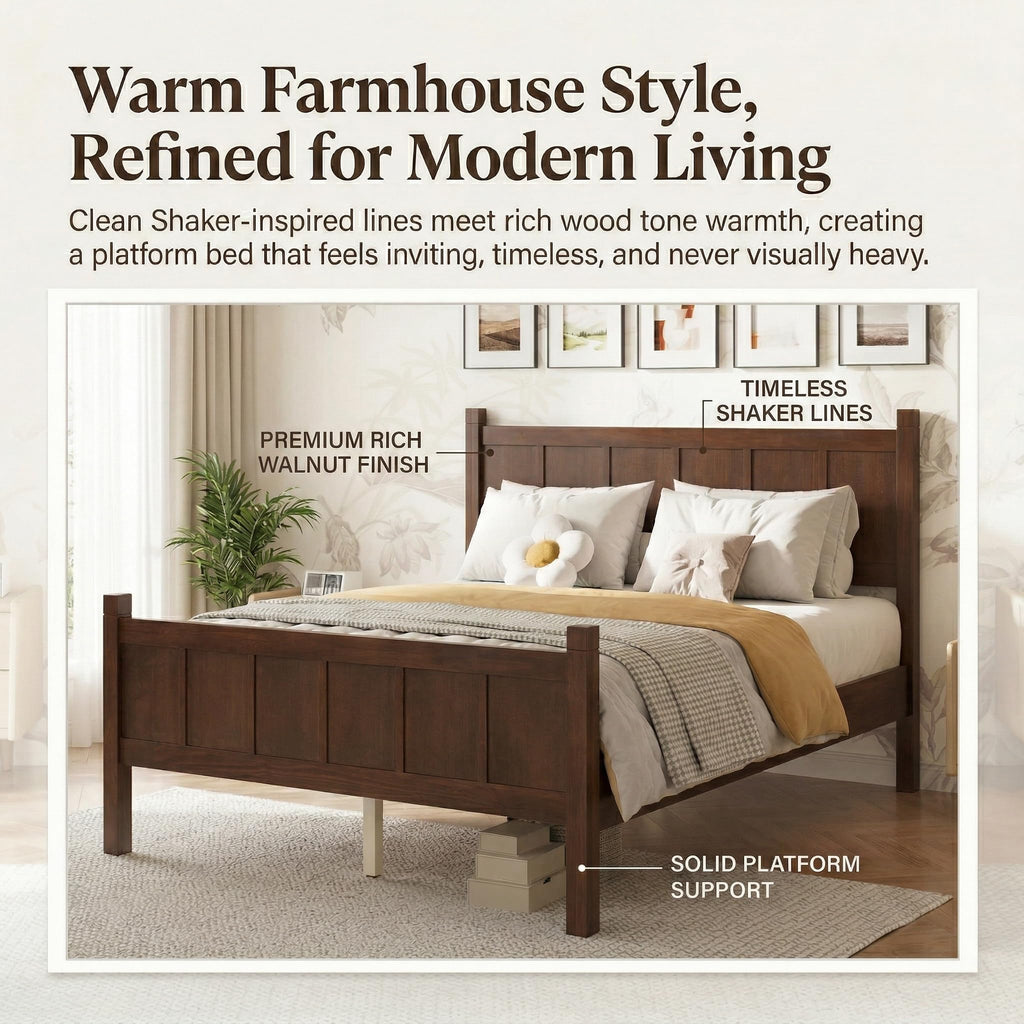 Platform Bed Frame with Headboard & Footboard, Modern Farmhouse Wood Grain Flat Panel Bed for Adults