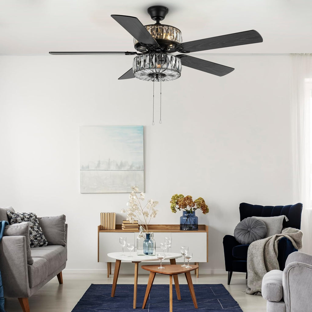 52" Glam Double-Lit LED Ceiling Fan with Clear K-9 Crystal Caged Lights - Reversible Blades (Mahogany/Antique Black)