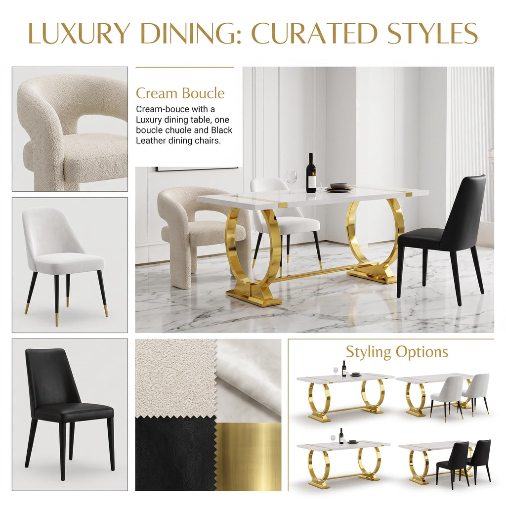 60" White and Gold Dining Table with Stainless Steel U-Base for 4-6