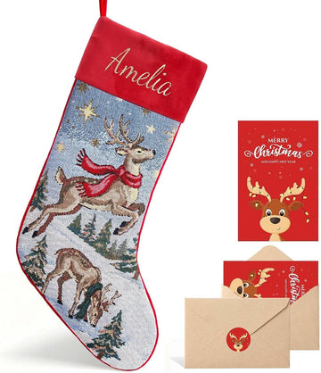 With Embroidered Name,Soft Velvet Cuff with Reindeer Jacquard Design Xmas Stockings,18Inches Vintage Stocking