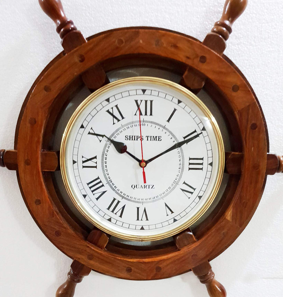 Antique Marine 18" Wooden Ship Wheel Clock Nautical Wall Clock Home Decor