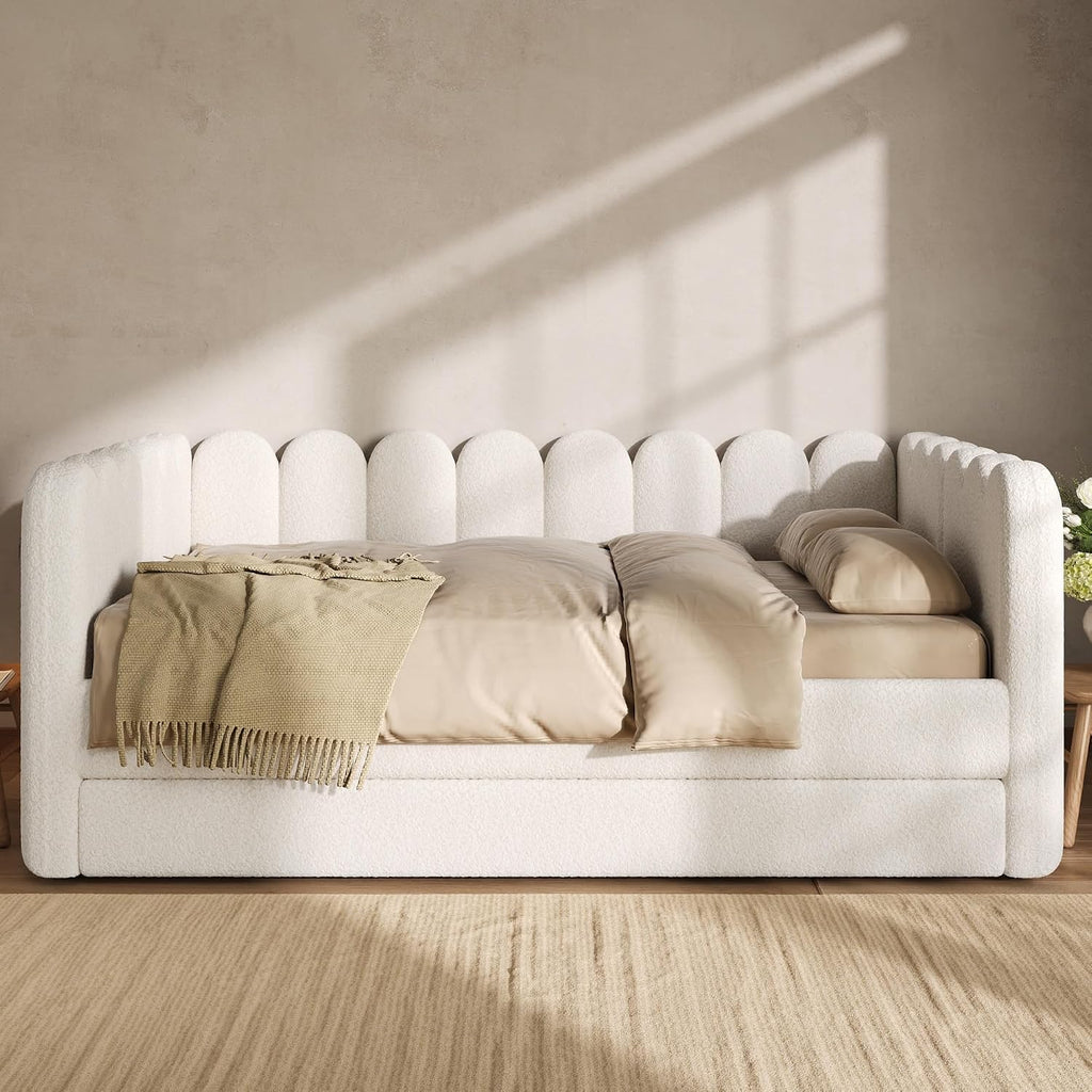 Queen Size Upholstered Daybed with Trundle Bed, Bouclé Fabric Scalloped Wave Shaped Frame, Platform Sofa Bed with