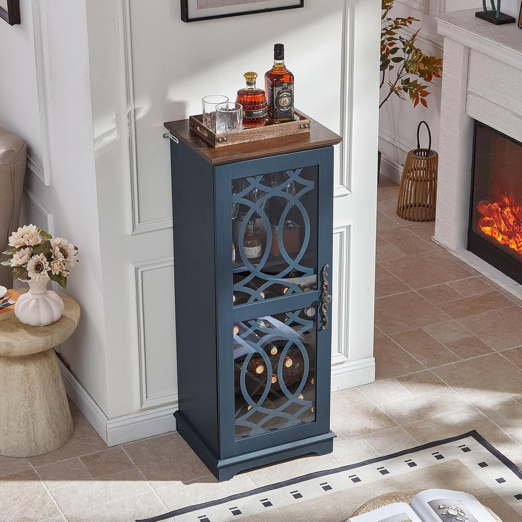 Wine Bar Cabinet with Glass Door, 43" Blue Liquor Cabinet | Wine Rack, Storage Shelf, Thick Base, Elegant Wood Grain