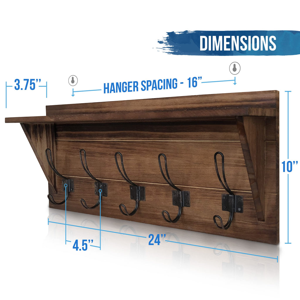 Brown Solid Wood Wall Mounted Coat Rack with Shelf, 5 Hooks, 24" Long - Kitchen, Mudroom, Entryway, Bathroom
