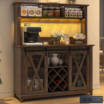 47"Wide 56"H Farmhouse Coffee Bar Cabinet with Power Outlet and LED Light,Wine Bar Cabinet w/3 Storage Hutch,Kitchen