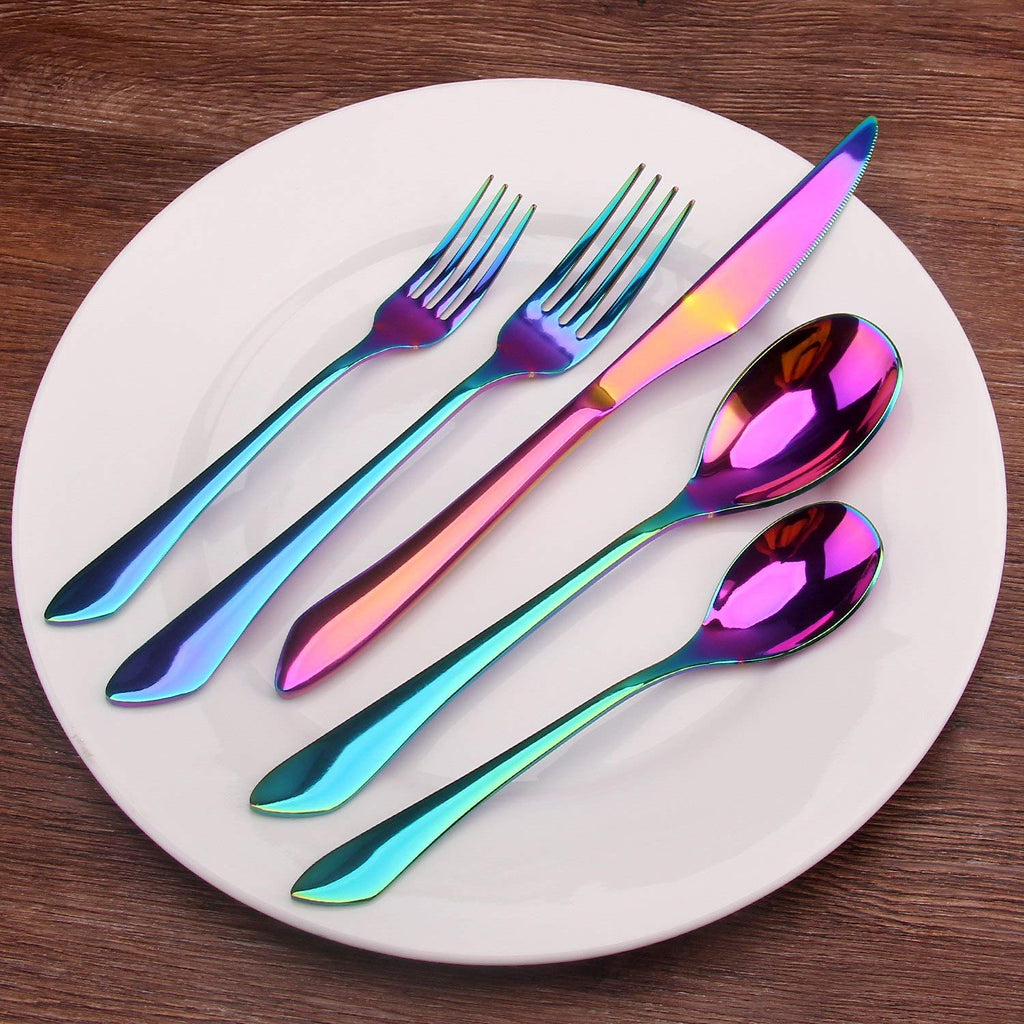 Rainbow Silverware Set, 20-Piece Stainless Steel Flatware Set with Round Edge, Kitchen Utensil Set Service for 4