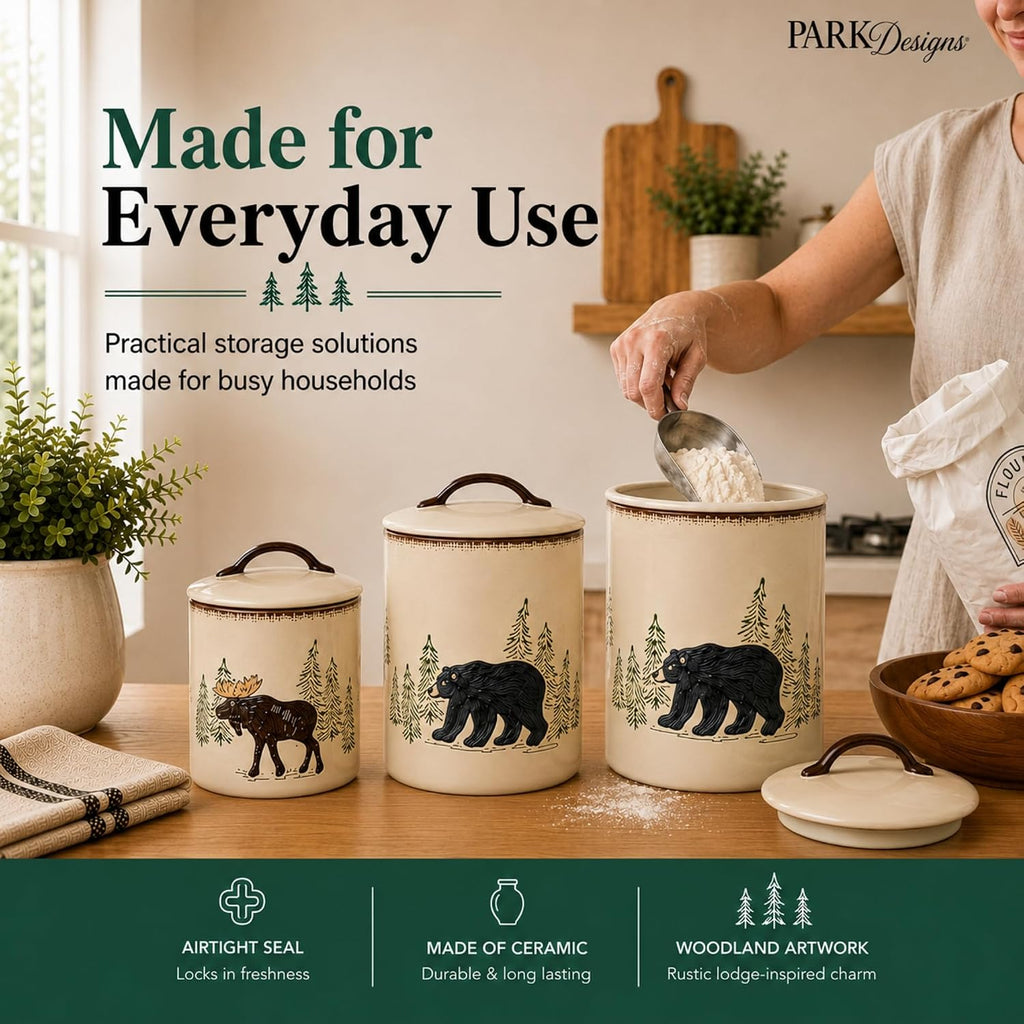 Stoneware Rustic Retreat Canister Set | Farmhouse Rustic Countertop Storage | Airtight Seal | Kitchen Counter - Set of 3