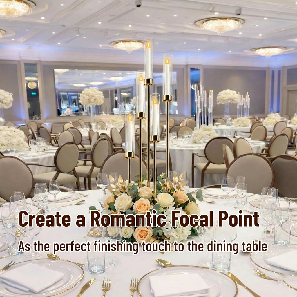 Candelabra Gold Centerpiece 5 Arms Taper Candle Holder Gold Centerpiece with Acrylic Tubes for Table Decoration