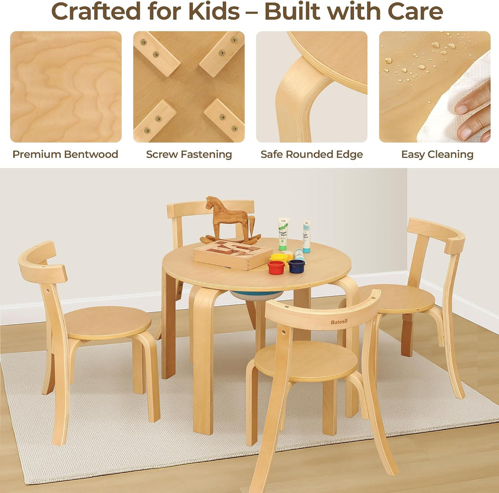 Kid Round Table and 4 Chairs Set with Storage Tub, Wooden Toddler Table Chair for Arts, Crafts, Eating, Learning, Kid