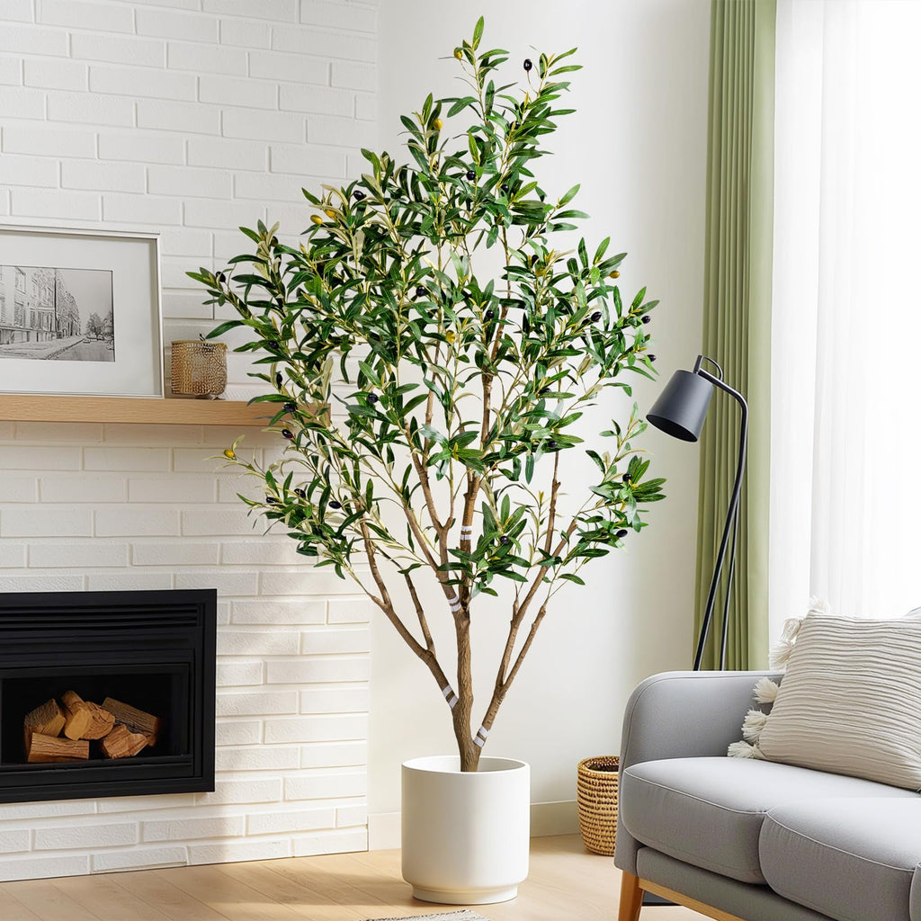 5FT Faux Olive Tree with White Pot & Moss, Artificial Olive Tree Indoor Outdoor, PE/PVC Leaves, Realistic Resin Trunk